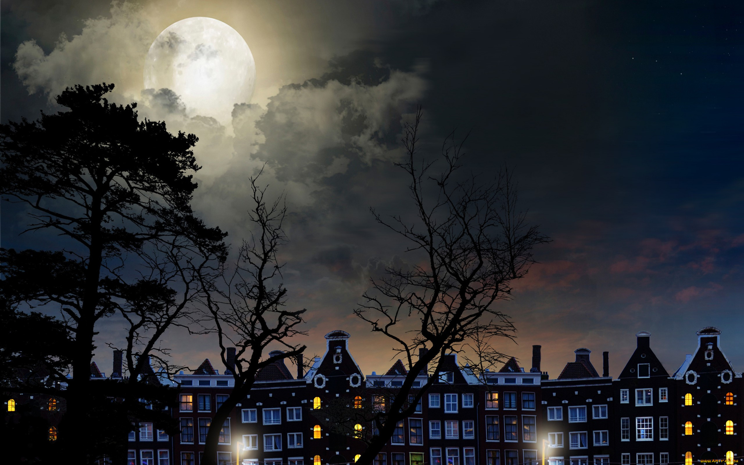 ,  , landscape, clouds, sky, trees, magical, night, moon, full, city, buildings, , , , , , , , , , 